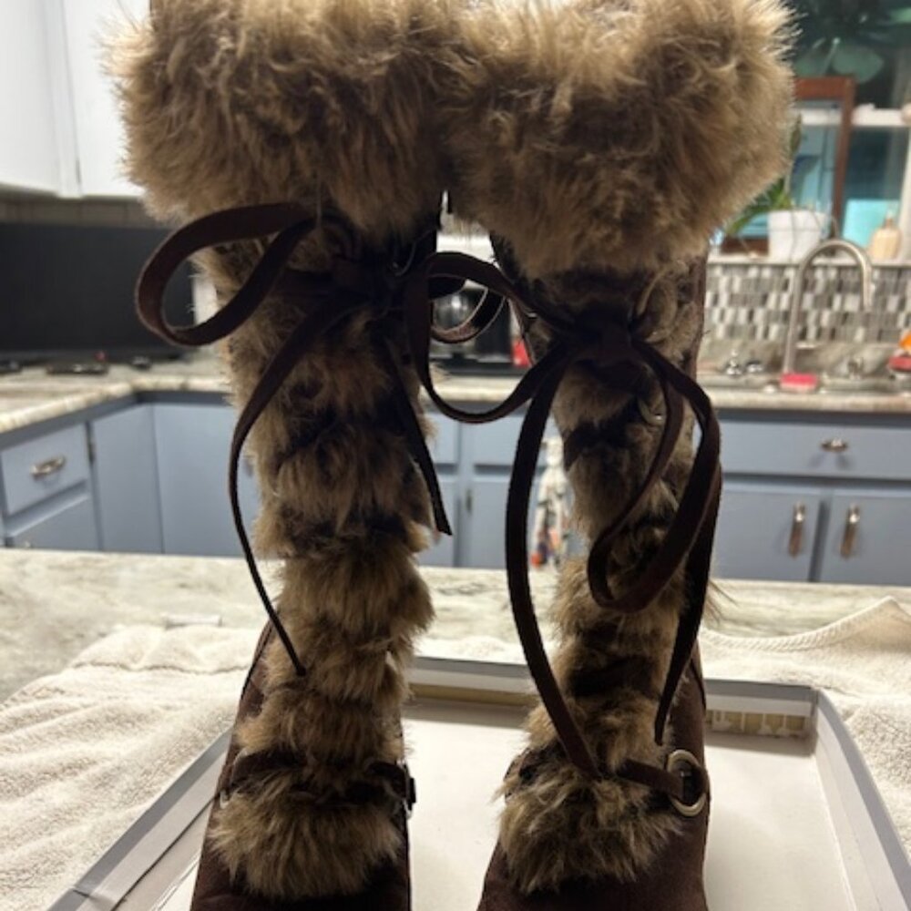 Fusion Boots Brown Suede with Faux Fur, Size 7, Wedge heel
